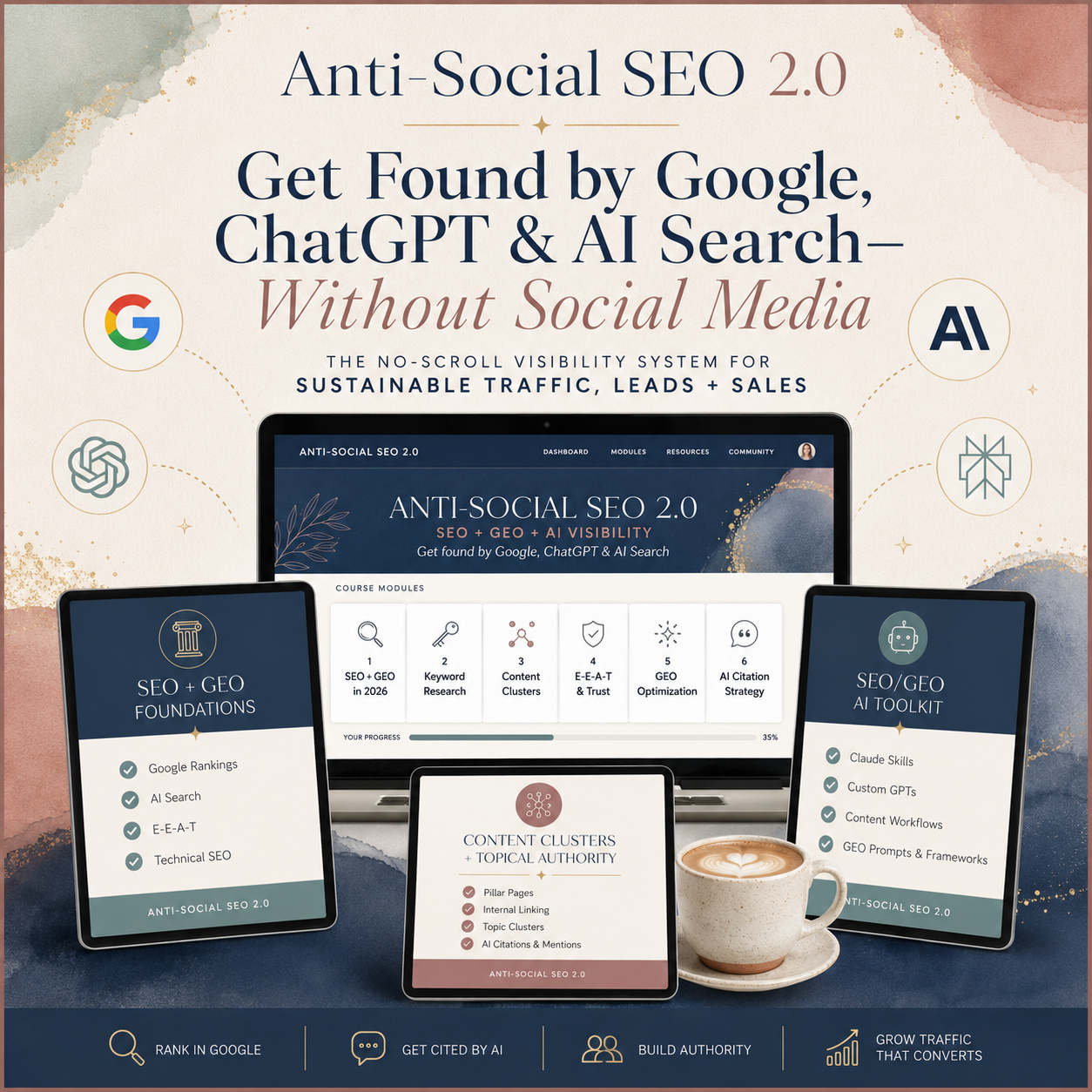 Promotional image for Anti-Social SEO 2.0 showing the course dashboard and learning modules for SEO, GEO, and AI visibility.