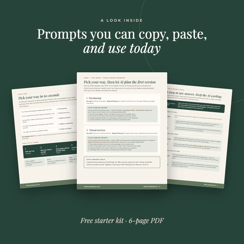 Interior-page previews from the free six-page online income starter kit, showing income ideas and AI prompts