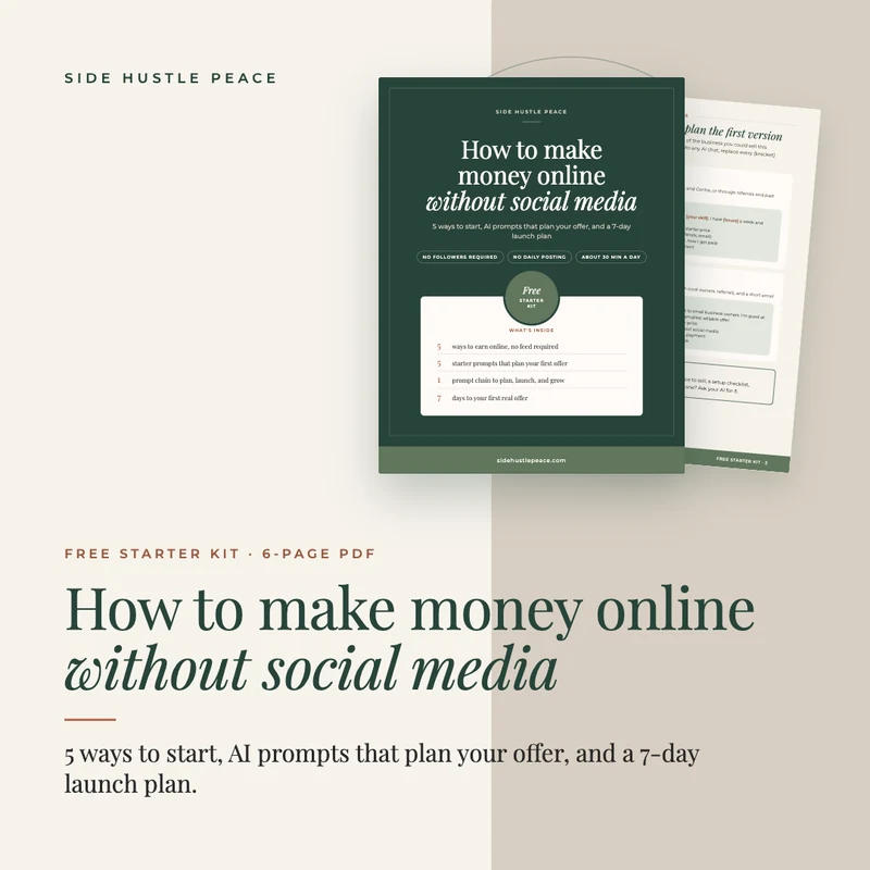 Cover and interior-page mockup of How to make money online without social media, a free six-page Side Hustle Peace starter kit